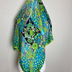 Vintage Honey Blue & Green Floral 100% Silk Scarf